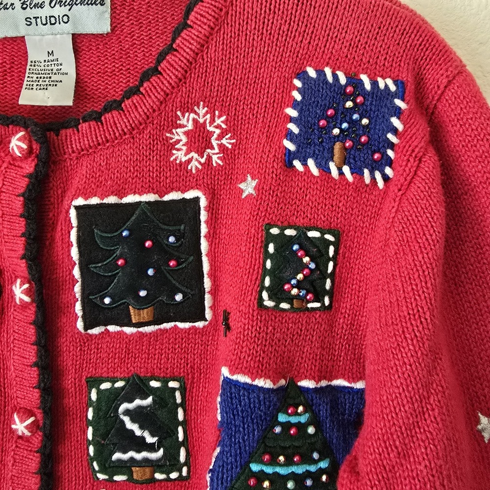VTG Women's Sz Medium Button Up Christmas Ugly Sweater Ramie Cotton Boxy *Flawed - Picture 5 of 15